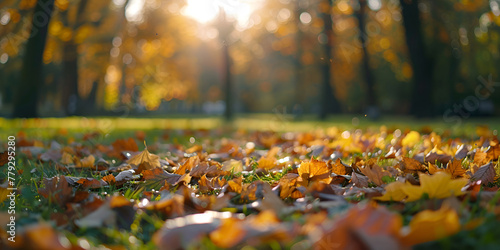 Beautiful orange and golden autumn leaves against a blurry park in sunlight with beautiful bokeh Yellow autumn leaves on green grass in the park in sunbeams.AI Generative