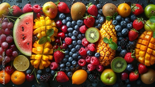 There are a variety of tropical fruits and mixed berries in this image, topped with syrup and juice. Watermelon, banana, pineapple, strawberry, orange, mango, blueberry, cherry, raspberry, papaya. A photo