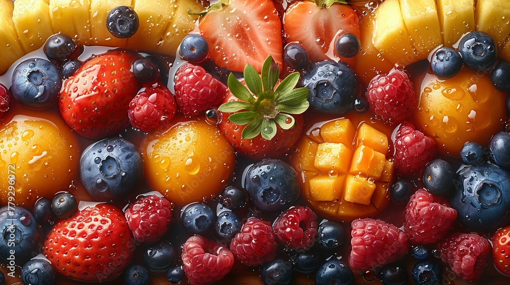There are a variety of tropical fruits and mixed berries in this image, topped with syrup and juice. Watermelon, banana, pineapple, strawberry, orange, mango, blueberry, cherry, raspberry, papaya. A There are a variety of tropical fruits and mixed berries in this image, topped with syrup and juice. Watermelon, banana, pineapple, strawberry, orange, mango, blueberry, cherry, raspberry, papaya. A