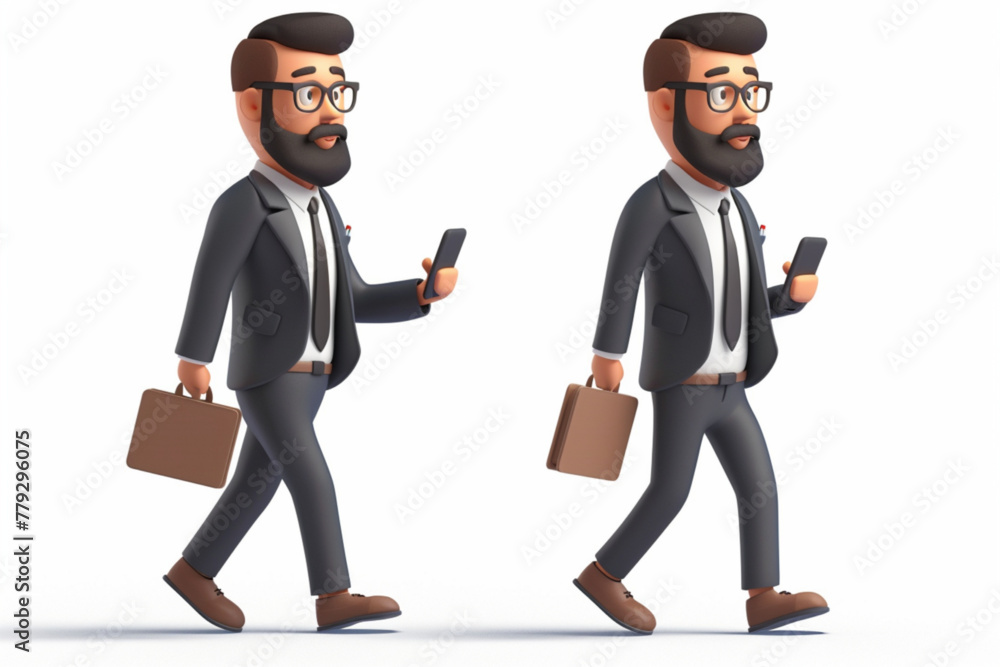 3D man employee with beard holding phone and laptop, walking isolated on white, 3D Businessman poses set, man manager. Cartoon office worker character showing business presentation on lecture