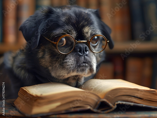 A cute dog with glasses reads a book in the library. AI generated.