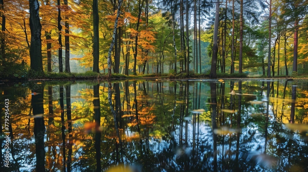 A serene forest pond reflecting towering trees and vibrant foliage.