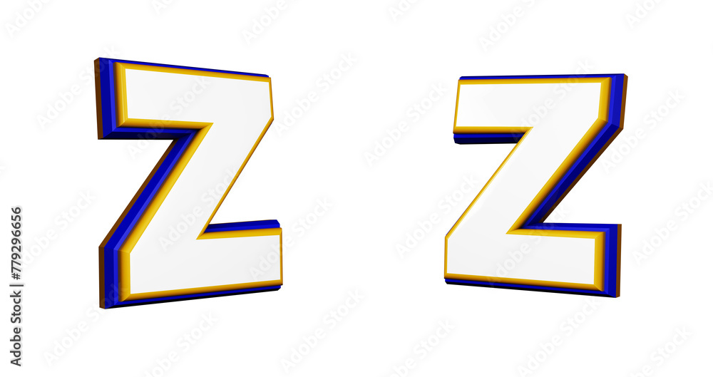 Letter Z in 3D render, in two different perspectives and angles. Colors Blue, yellow and white. Complete alphabet collection Letter Z in 3D render, in two different perspectives and angles. Colors Blue, yellow and white. Complete alphabet collection