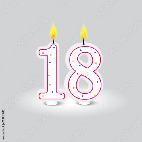 Number eighteen candles. Adult milestone celebration. Bright birthday accessory. Vector illustration. EPS 10.