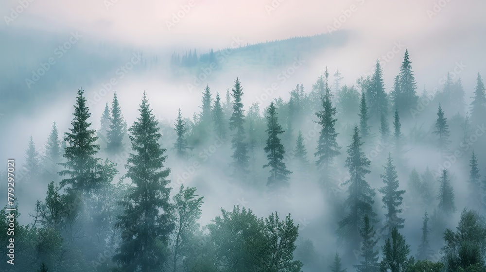 The ethereal beauty of morning mist in a forest sett  AI generated illustration