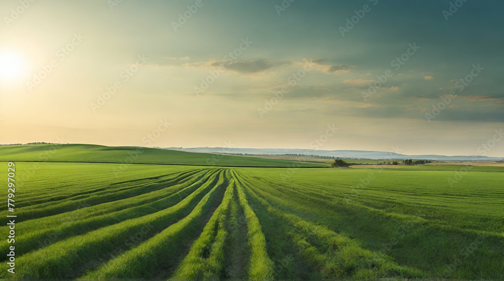 Wide panoramic view of green agricultural fields lit by the sun over horizon, minimalism natural.generative.ai