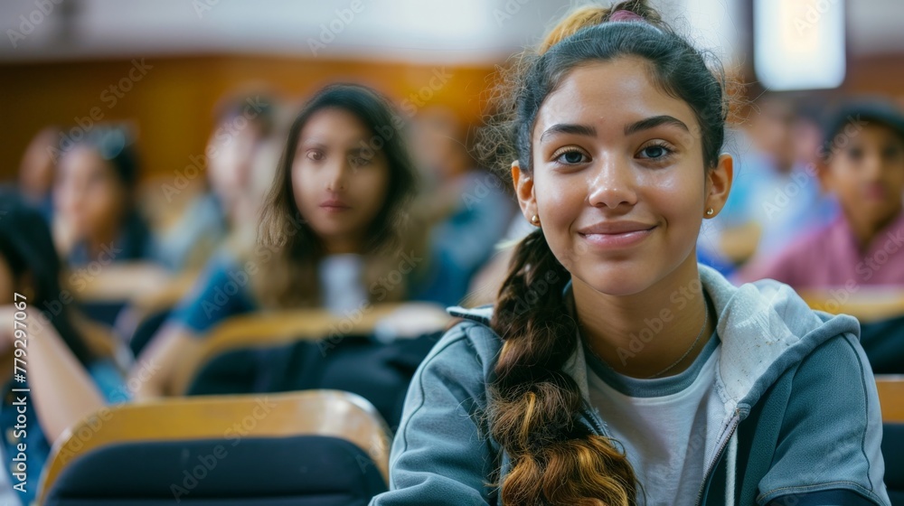 A happy college student sitting in a classroom. They are listening attentively to the lecture and are taking notes. The student is engaged in the material and is enjoying learning. A happy college student sitting in a classroom. They are listening attentively to the lecture and are taking notes. The student is engaged in the material and is enjoying learning.