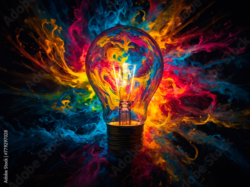 Brilho Criativo: Uma Lâmpada Colorida Iluminando Ideias Inspiradoras photo