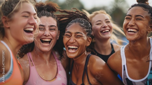 A group of young women in sportswear, laughing and posing for a photo after a workout. They are all sweaty and glowing, and their hair is windblown.