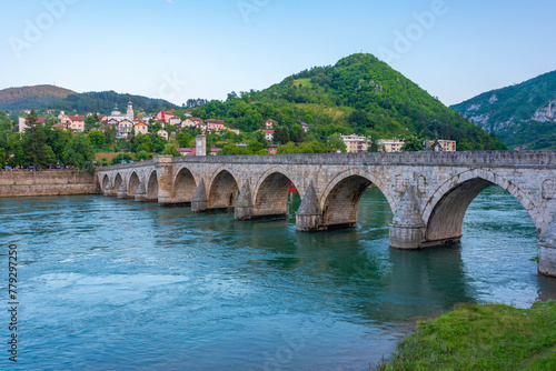 Fototapeta Naklejka Na Ścianę i Meble -  Sunrise view of Mehmed Pasa Sokolovic Bridge in Visegrad, Bosnia and Herzegovina