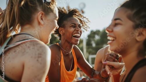 A group of women playing basketball on a court, their bodies moving with grace and agility. They are all laughing and having fun, and the game is close. photo