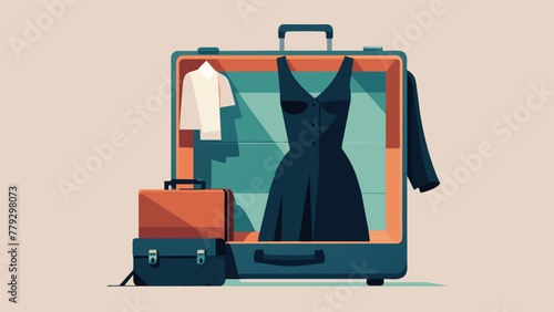 A neatly laidout suitcase containing a curated selection of essential items a little black dress a camisole a cardigan and a pair of black photo