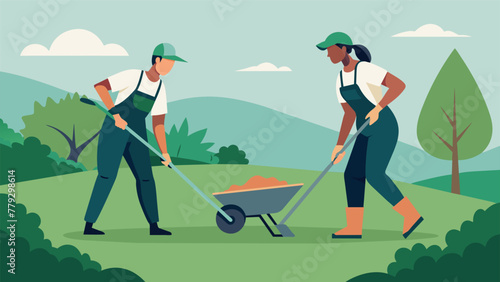 Two volunteers one with a shovel and one with a wheelbarrow work tirelessly to lay fresh sod for a community park. Though their job may seem