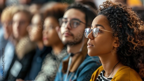 A group of colleagues attending a conference. They are all listening attentively, and they look like they are learning a lot. 