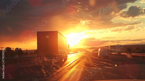 The sun setting behind a cargo truck on the highway AI generated illustration