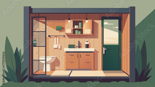 A compact bathroom with a folddown shower stall and builtin storage cabinets demonstrating the creativity and efficiency of tiny house design.