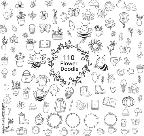 Flower leaf animal big set, doodle hand drawn outline style, for printing,card, wedding,love, t shirt,banner,product.vector illustration © artdee2554