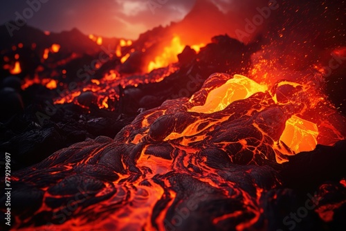 lava flowing from a volcano, the molten orange and red hues illuminating the dark surroundings, showcasing the intense heat and destructive force of nature