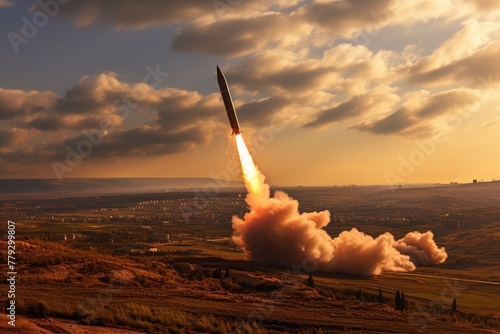 Iron Dome defense system intercepting incoming missiles, with a fighter jet soaring above, emphasizing the synergy between advanced technology and military aviation photo