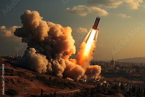 Iron Dome defense system intercepting incoming missiles, with a fighter jet soaring above, emphasizing the synergy between advanced technology and military aviation photo