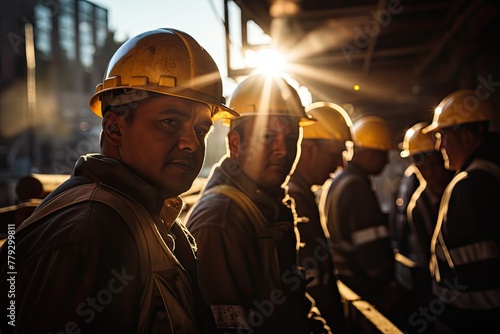 group of laborers standing in regimented order, yellow helmets with labor, construction site with concrete structures in the background photo