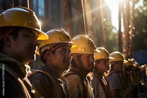 group of laborers standing in regimented order, yellow helmets with labor, construction site with concrete structures in the background photo