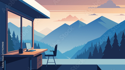 Nestled in a mountainous landscape this home office is blessed with a stunning view of the misty peaks and deep valleys. The peaceful
