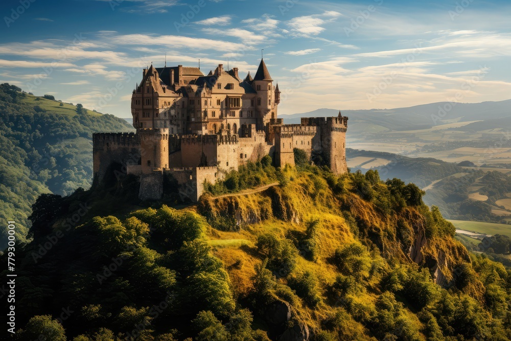 majestic castle nestled among rolling hills, bathed in golden sunlight, surrounded by vibrant greenery and a clear blue sky, capturing the serenity and grandeur of this enchanting hillside fortress