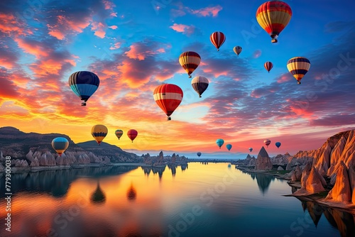 hot air balloons drifting through the sky during a vibrant sunrise, the colorful balloons creating a stunning contrast against the morning hues