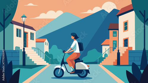 A solo traveler exploring a quaint town on their sleek electric bike stopping to take in the sights and snap photos while leaving no carbon