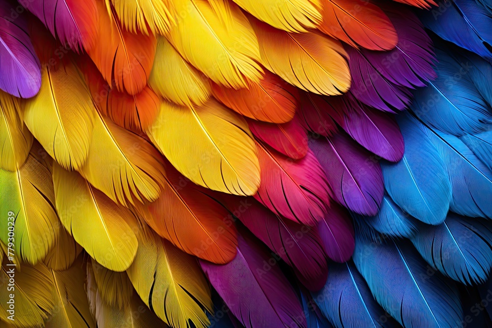 Obraz premium beautifully colored feathers arranged in an intricate pattern, stunning colorful feathers background