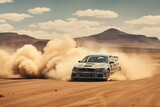 high-speed car racing in a vast desert landscape, the roaring vehicles kicking up clouds of dust as they tear through the arid terrain