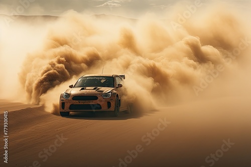 high-speed car racing in a vast desert landscape, the roaring vehicles kicking up clouds of dust as they tear through the arid terrain © SaroStock
