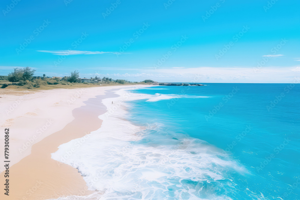 summer vacation background featuring a pristine sandy beach, crystal-clear turquoise waters, and a clear blue sky with the sun shining brightly