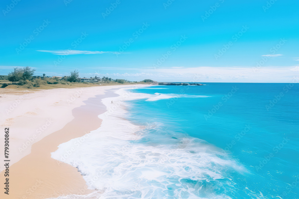 summer vacation background featuring a pristine sandy beach, crystal-clear turquoise waters, and a clear blue sky with the sun shining brightly summer vacation background featuring a pristine sandy beach, crystal-clear turquoise waters, and a clear blue sky with the sun shining brightly