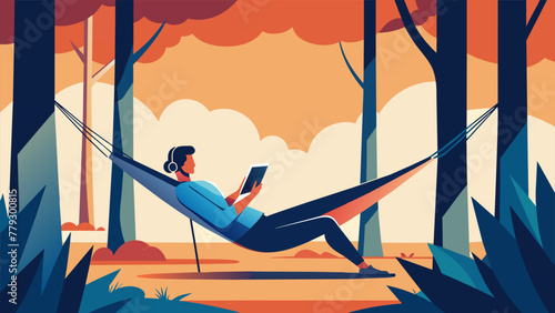 A person lounging in a hammock suspended between two trees completely absorbed in a riveting paperback the only digital distraction being a