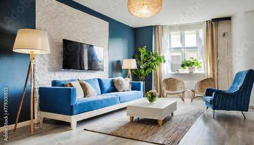 modern living room. TV unit. A stylish sofa.
