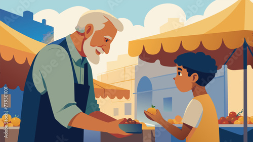 A watercolor painting shows a colorful street market with vendors selling their goods and people haggling over prices. In the midst of it all a