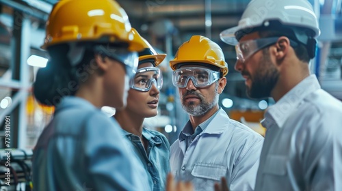 A group of engineers in a factory, wearing hard hats and safety glasses, discussing a maintenance plan for the factory equipment. The engineers are diverse in terms of gender, race, and age. photo