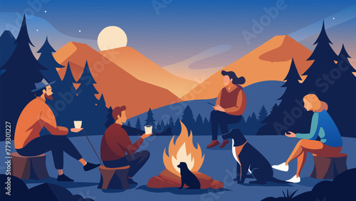As the sun sets on a chilly evening a group of volunteers huddle together around a bonfire enjoying hot cocoa and smores. In the background a