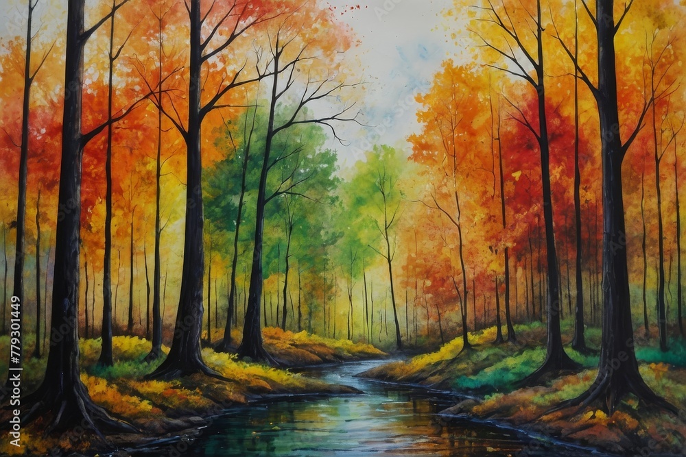 autumn forest landscape, Watercolor