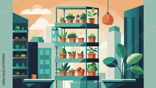 Mixed media artwork showcasing the versatility of indoor vegetable gardening from vertically stacked shelves filled with leafy greens and vines