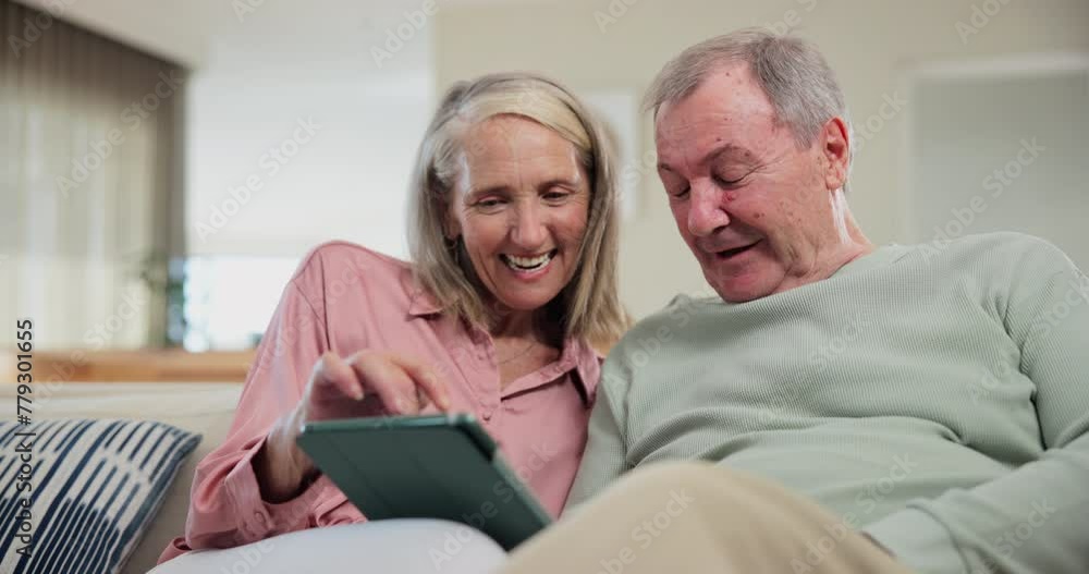 Mature, couple and relax with tablet in home with website for streaming movies or comedy video on sofa. Happy, man and woman scroll with tech online for social media, chat about post and reading news Mature, couple and relax with tablet in home with website for streaming movies or comedy video on sofa. Happy, man and woman scroll with tech online for social media, chat about post and reading news