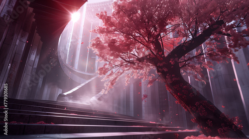 Ethereal Cityscape with Cherry Blossom Tree