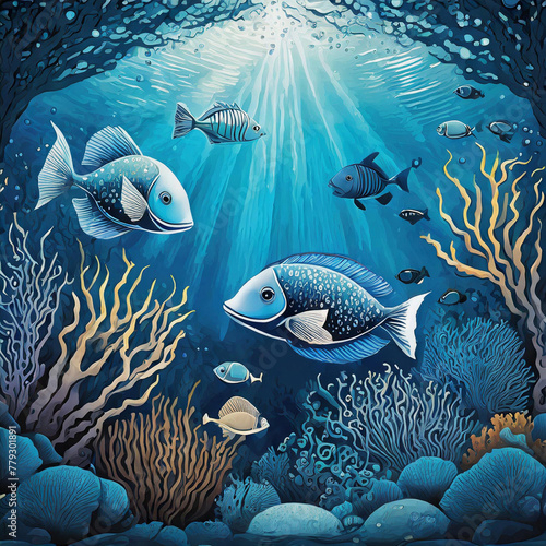 Cute fishes under the bluish sea