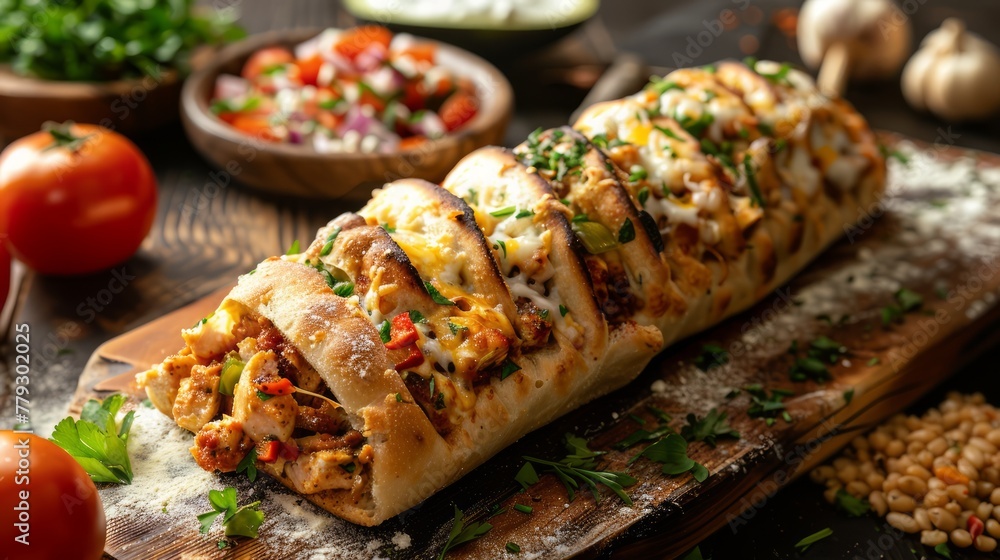 Gourmet Stuffed Burrito with Fresh Ingredients on Rustic Wooden Background in Restaurant Setting Gourmet Stuffed Burrito with Fresh Ingredients on Rustic Wooden Background in Restaurant Setting