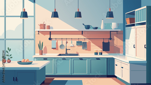 A tranquil kitchen with limited decor and a focus on functionality featuring a large apron sink and a few wellchosen kitchen tools hanging from