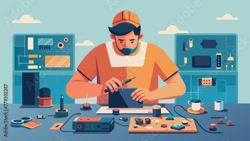 A passionate young maker surrounded by a diverse array of electronic pieces and tools eagerly piecing together their latest project and
