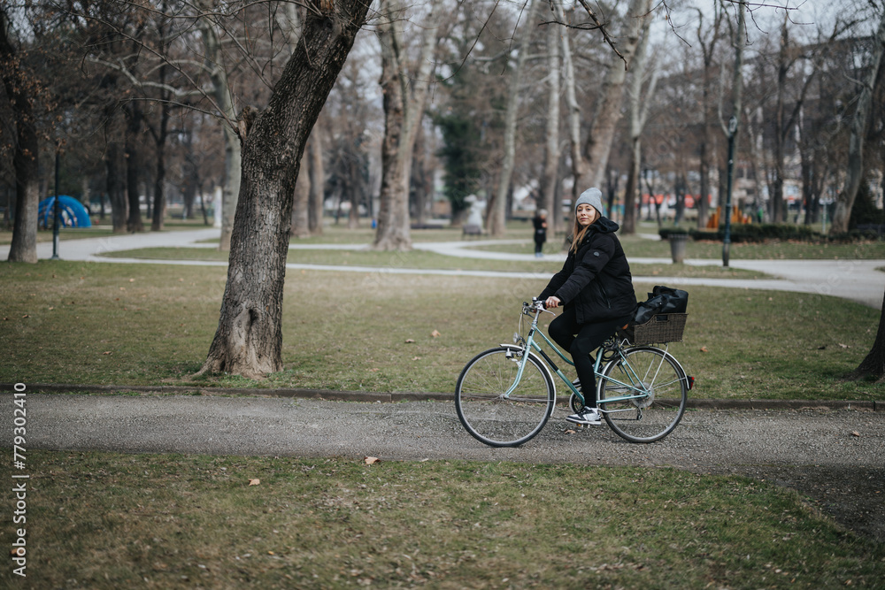 Young woman enjoying a peaceful bike ride in a tranquil park setting.