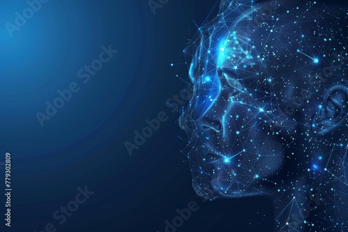 digital illustration of an AI robot head with glowing neon lines and holographic effects